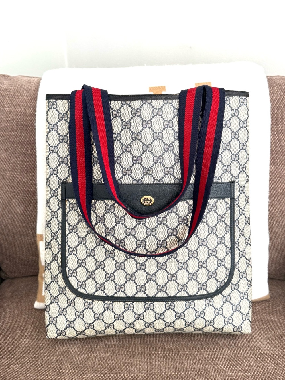 Gucci authentic tote bag grey navy monogram supreme canvas ribbon handles